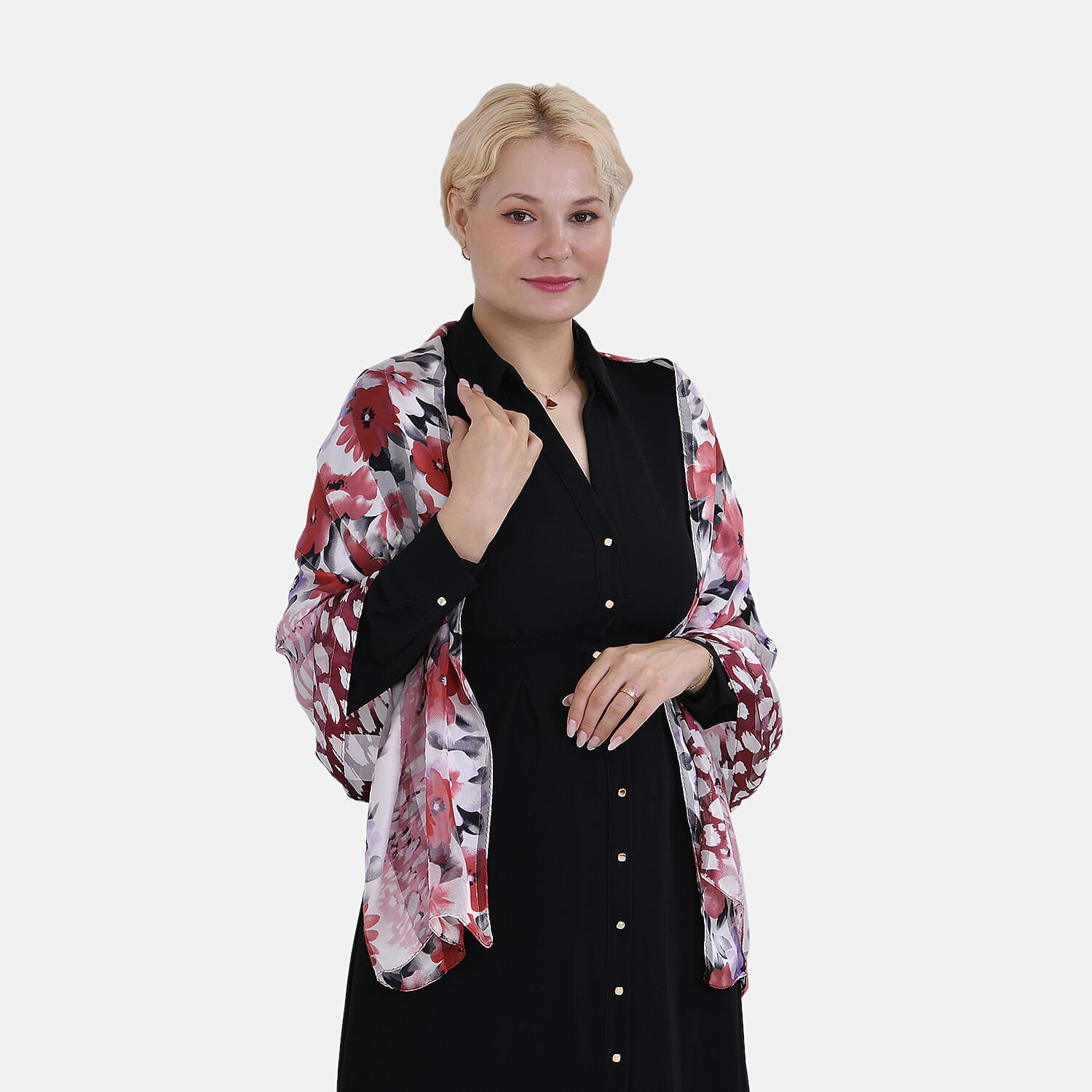La Marey 100% Mulberry Silk Floral Printed Scarf (Size 170x55cm) - White & Red