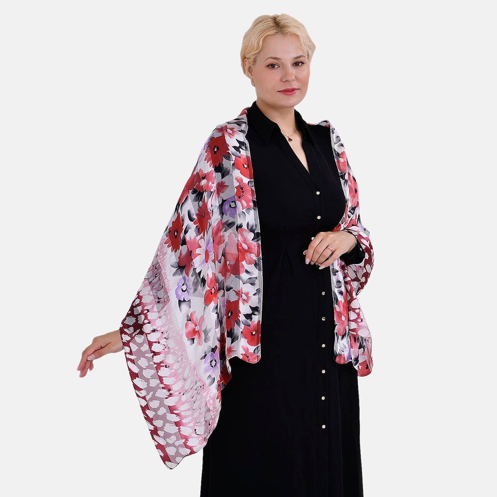 La Marey 100% Mulberry Silk Floral Printed Scarf (Size 170x55cm) - White & Red