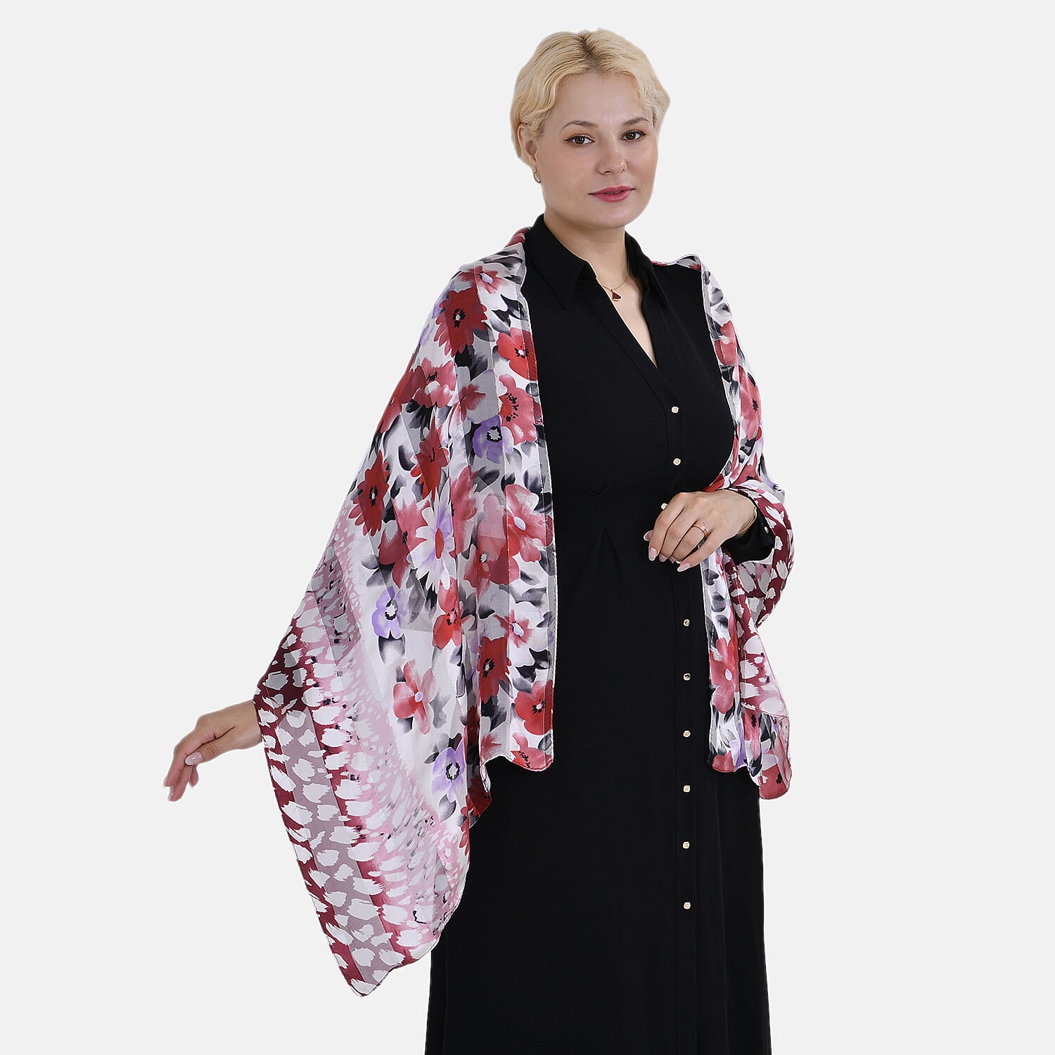 La Marey 100% Mulberry Silk Floral Printed Scarf (Size 170x55cm) - White & Red