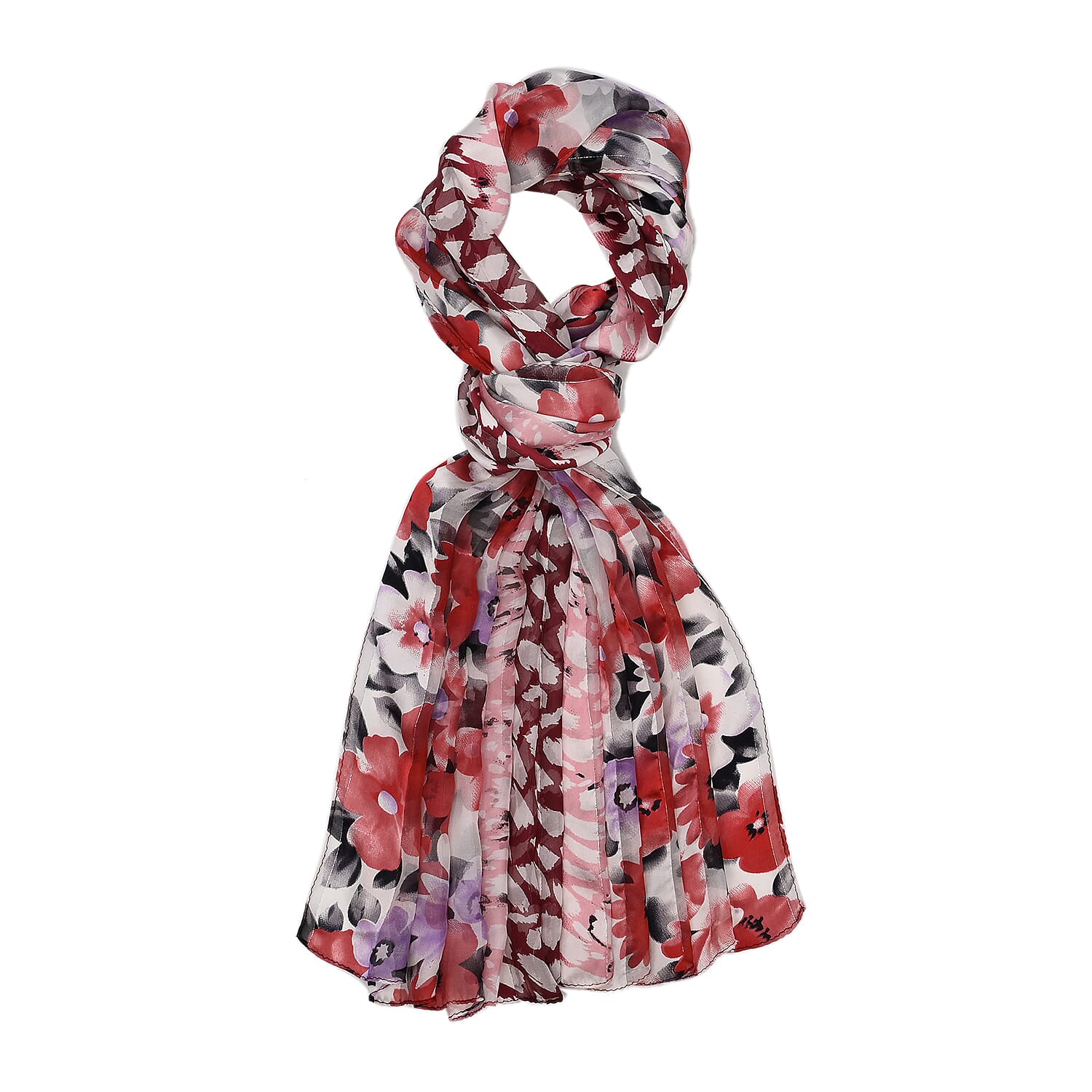 La Marey 100% Mulberry Silk Floral Printed Scarf (Size 170x55cm) - White & Red