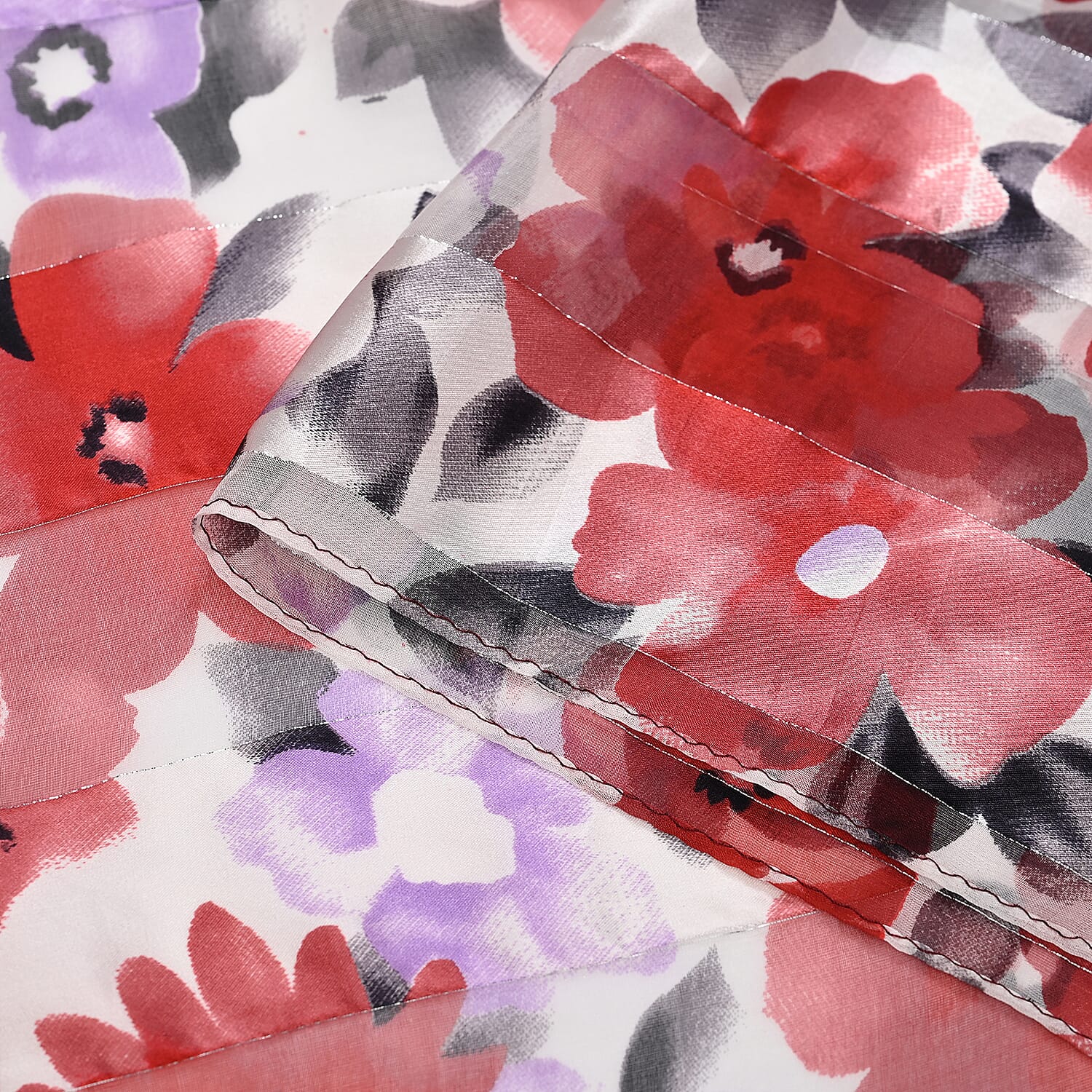 La Marey 100% Mulberry Silk Floral Printed Scarf (Size 170x55cm) - White & Red
