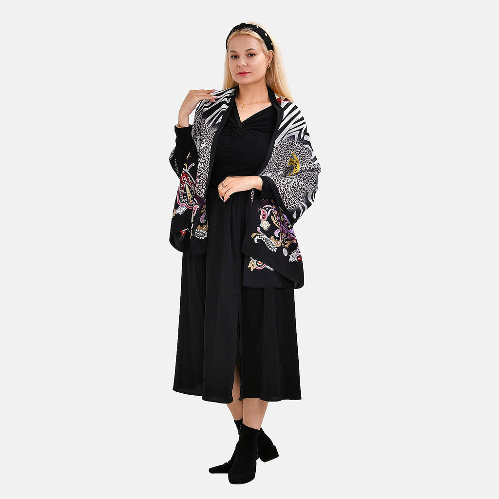 La Marey 100% Mulberry Silk Printed Scarf (Size 175x55 cm) - Black - Purple