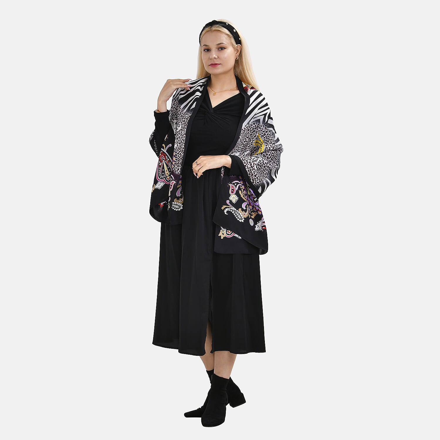 La Marey 100% Mulberry Silk Printed Scarf (Size 175x55 cm) - Black - Purple