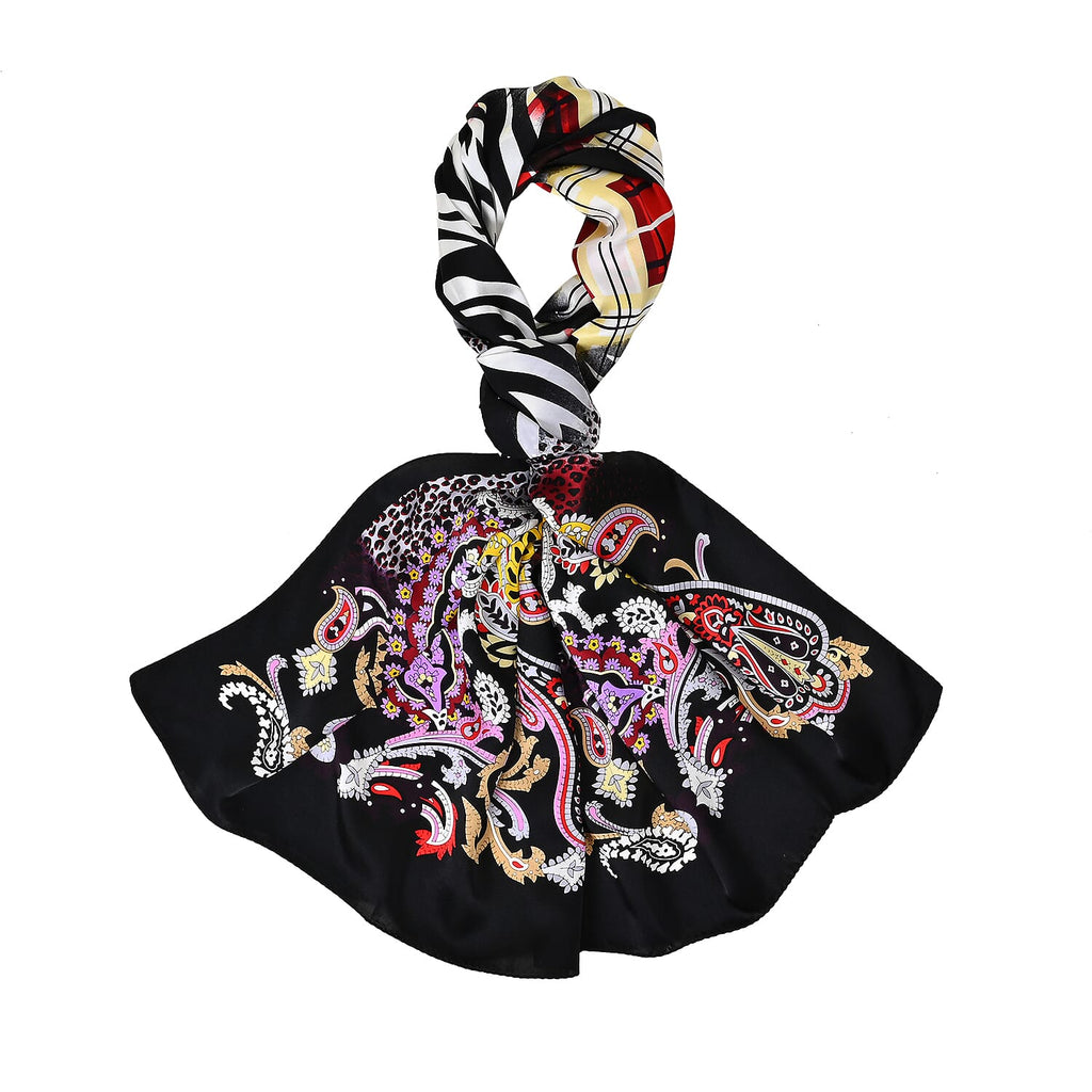 La Marey 100% Mulberry Silk Printed Scarf (Size 175x55 cm) - Black - Purple