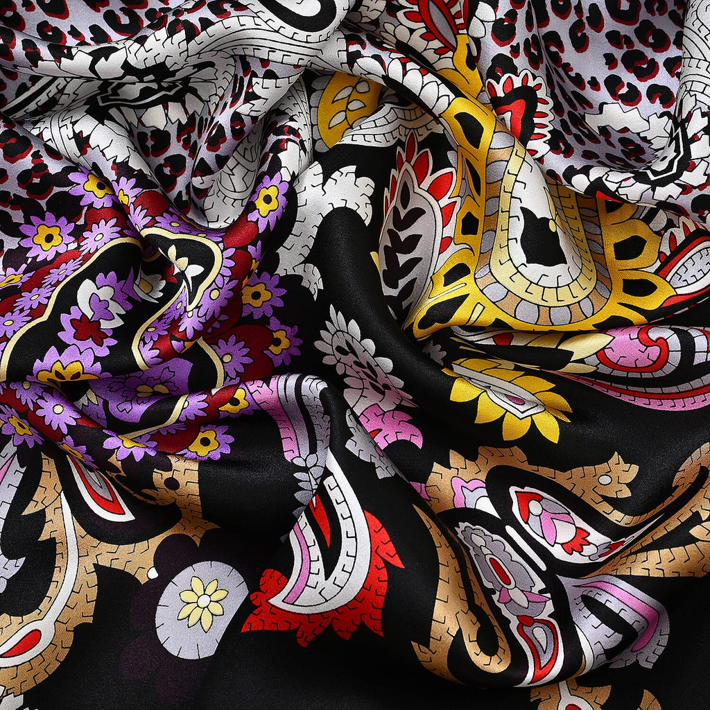 La Marey 100% Mulberry Silk Printed Scarf (Size 175x55 cm) - Black - Purple