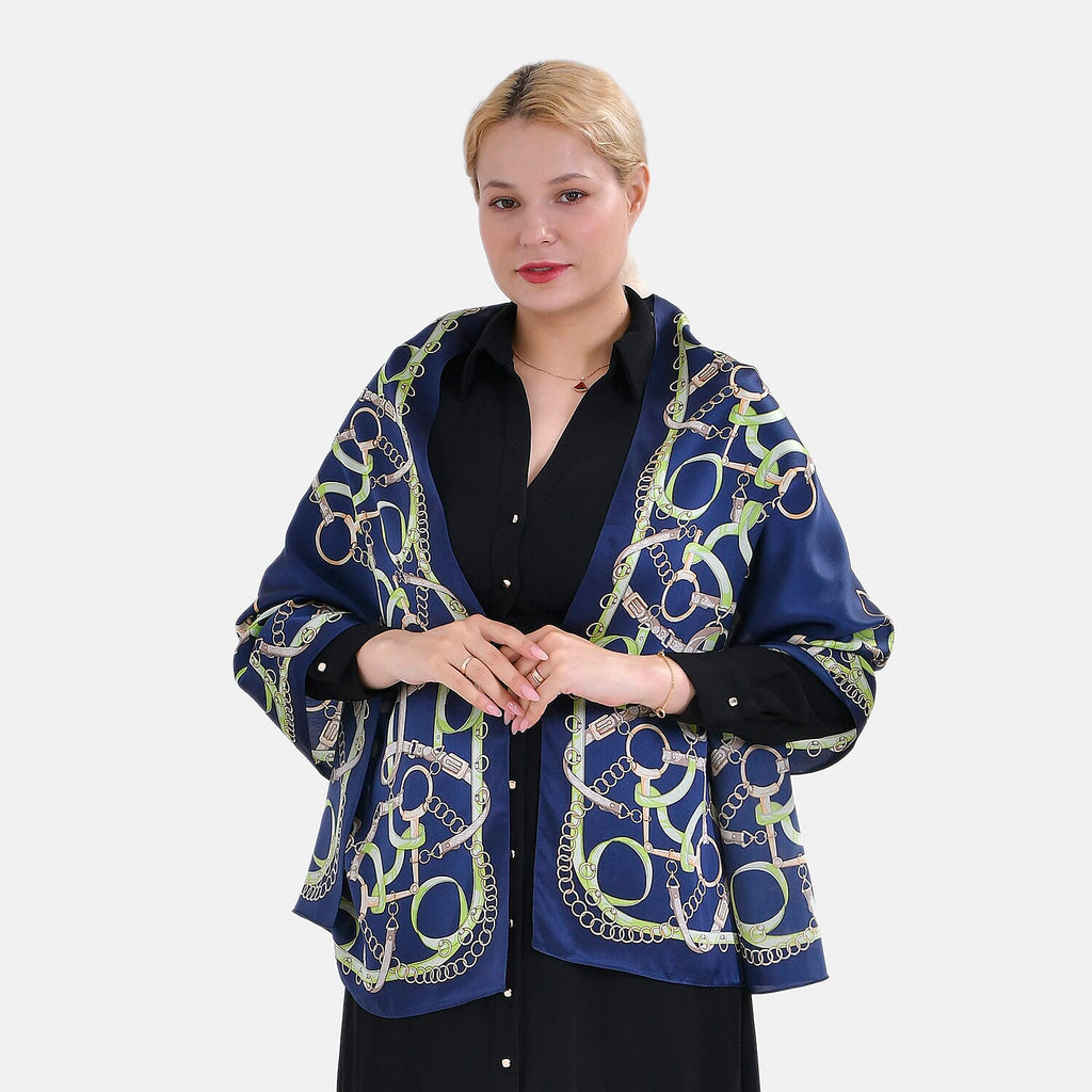 La Marey Mulberry Silk Printed Scarf (Size 175x1 cm) - Blue & Green