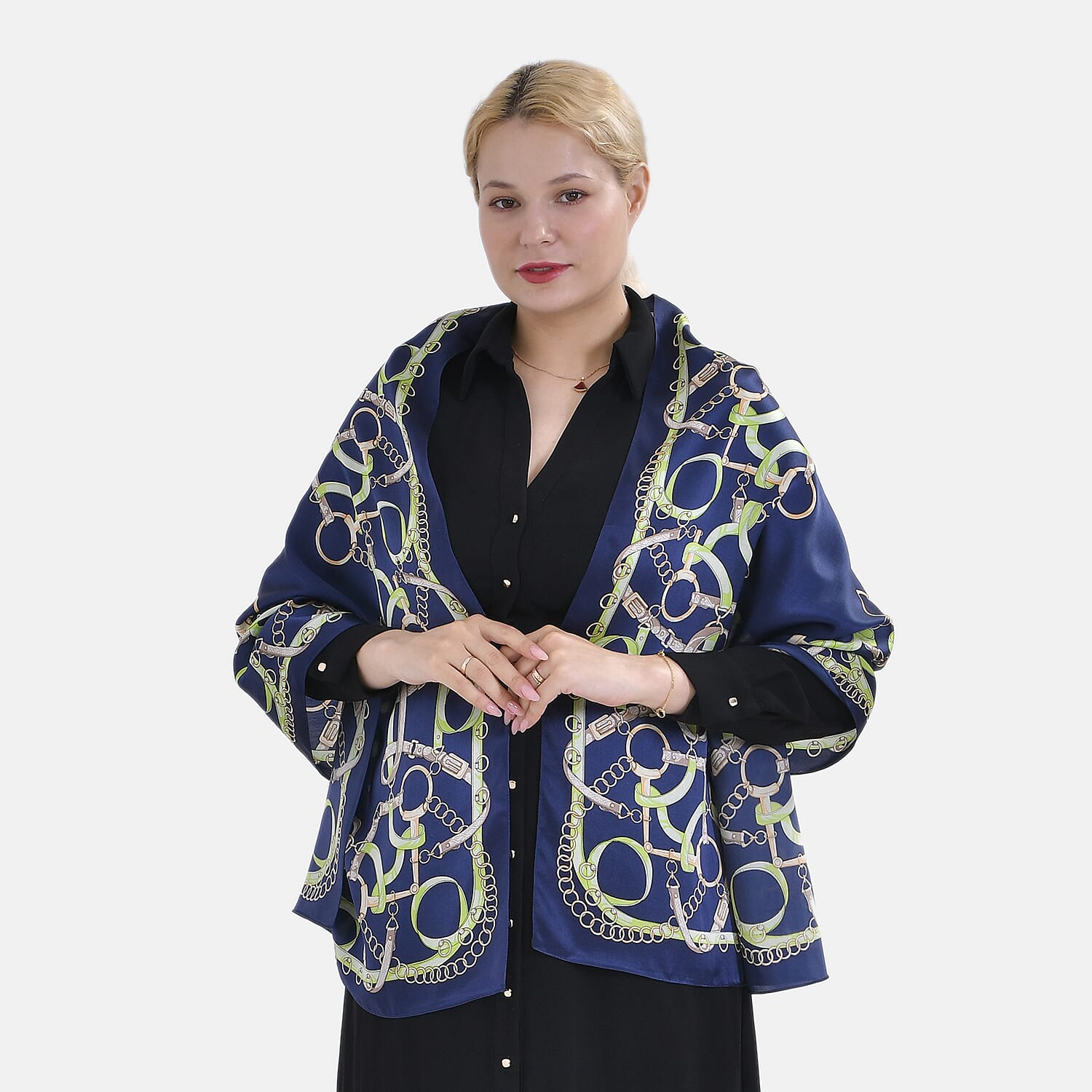 La Marey Mulberry Silk Printed Scarf (Size 175x1 cm) - Blue & Green