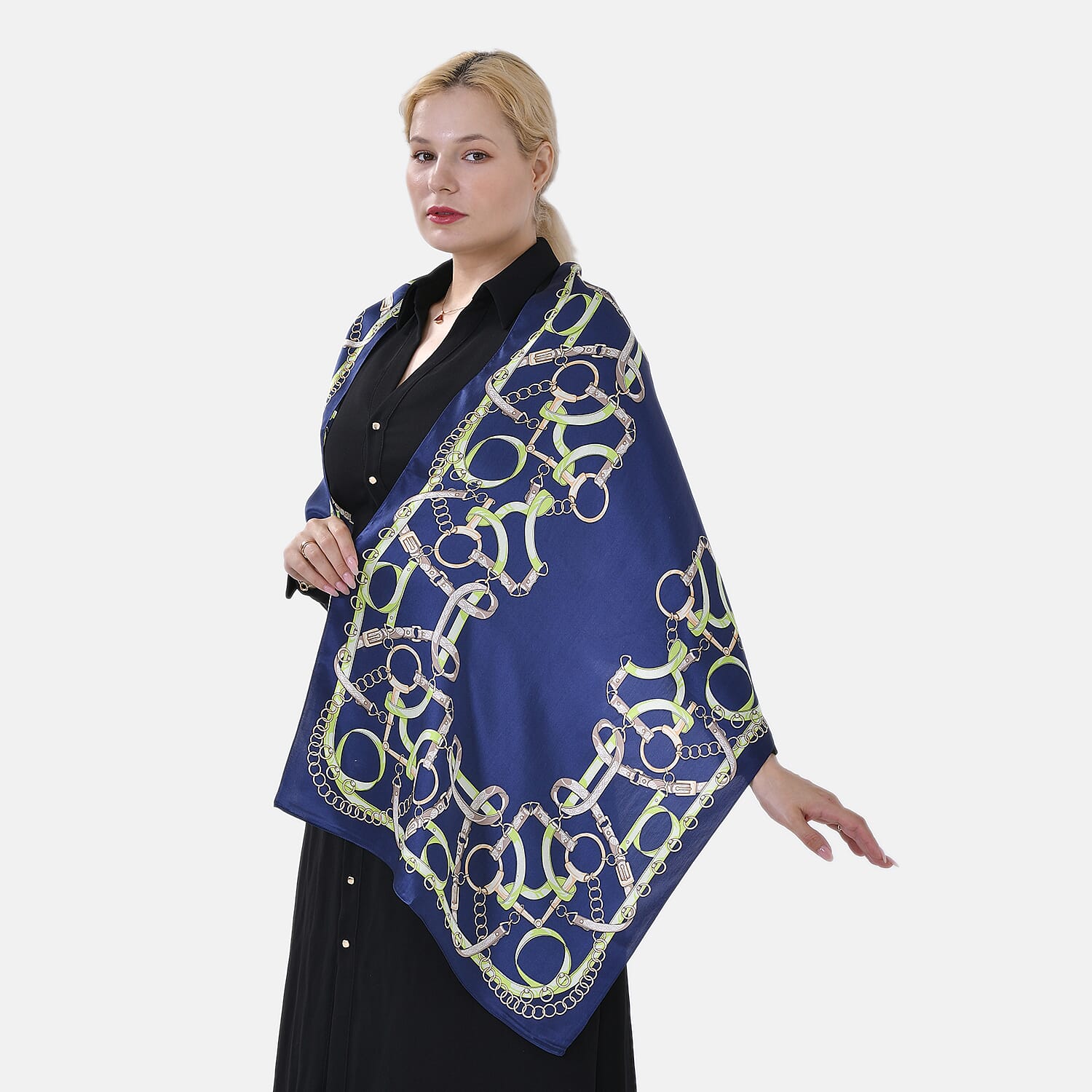 La Marey Mulberry Silk Printed Scarf (Size 175x1 cm) - Blue & Green