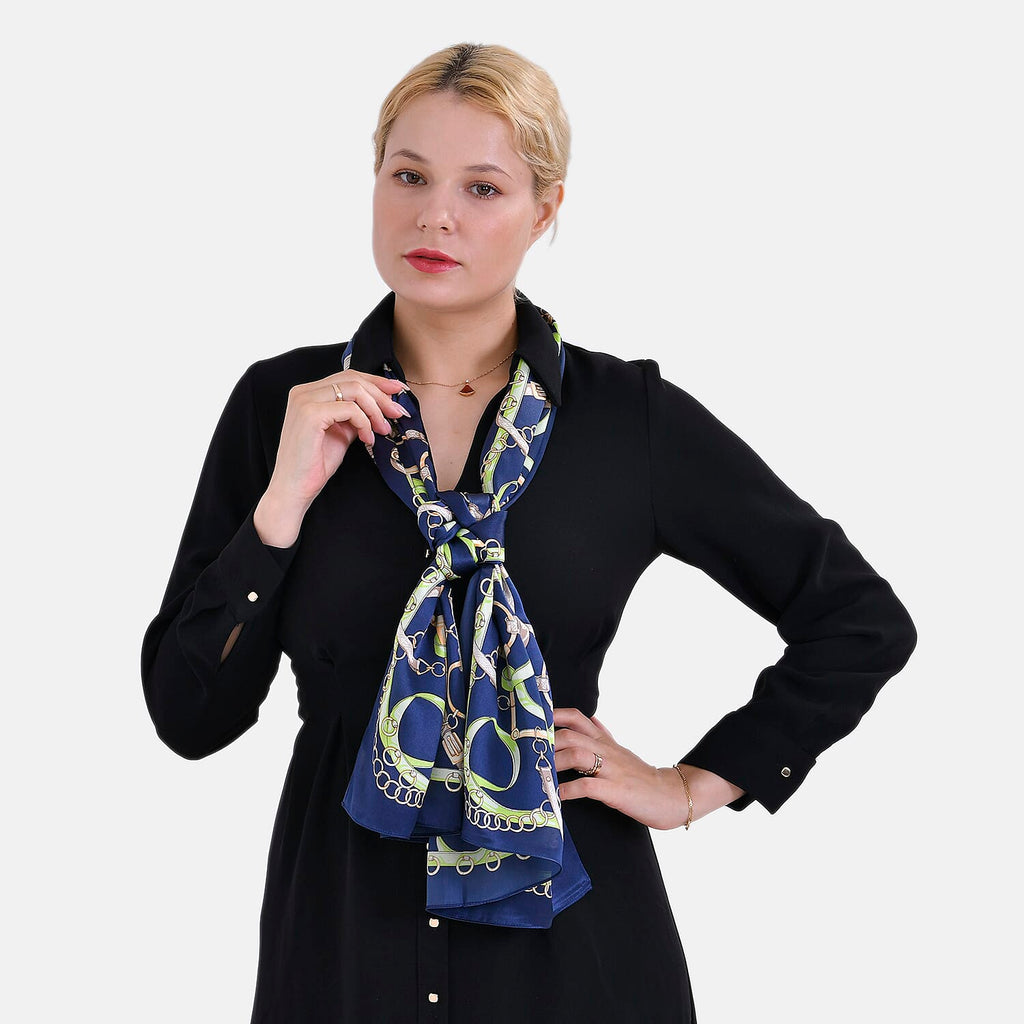 La Marey Mulberry Silk Printed Scarf (Size 175x1 cm) - Blue & Green