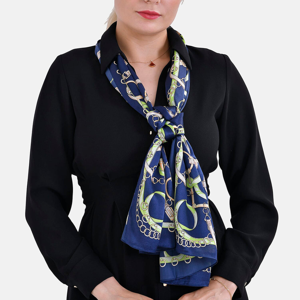 La Marey Mulberry Silk Printed Scarf (Size 175x1 cm) - Blue & Green