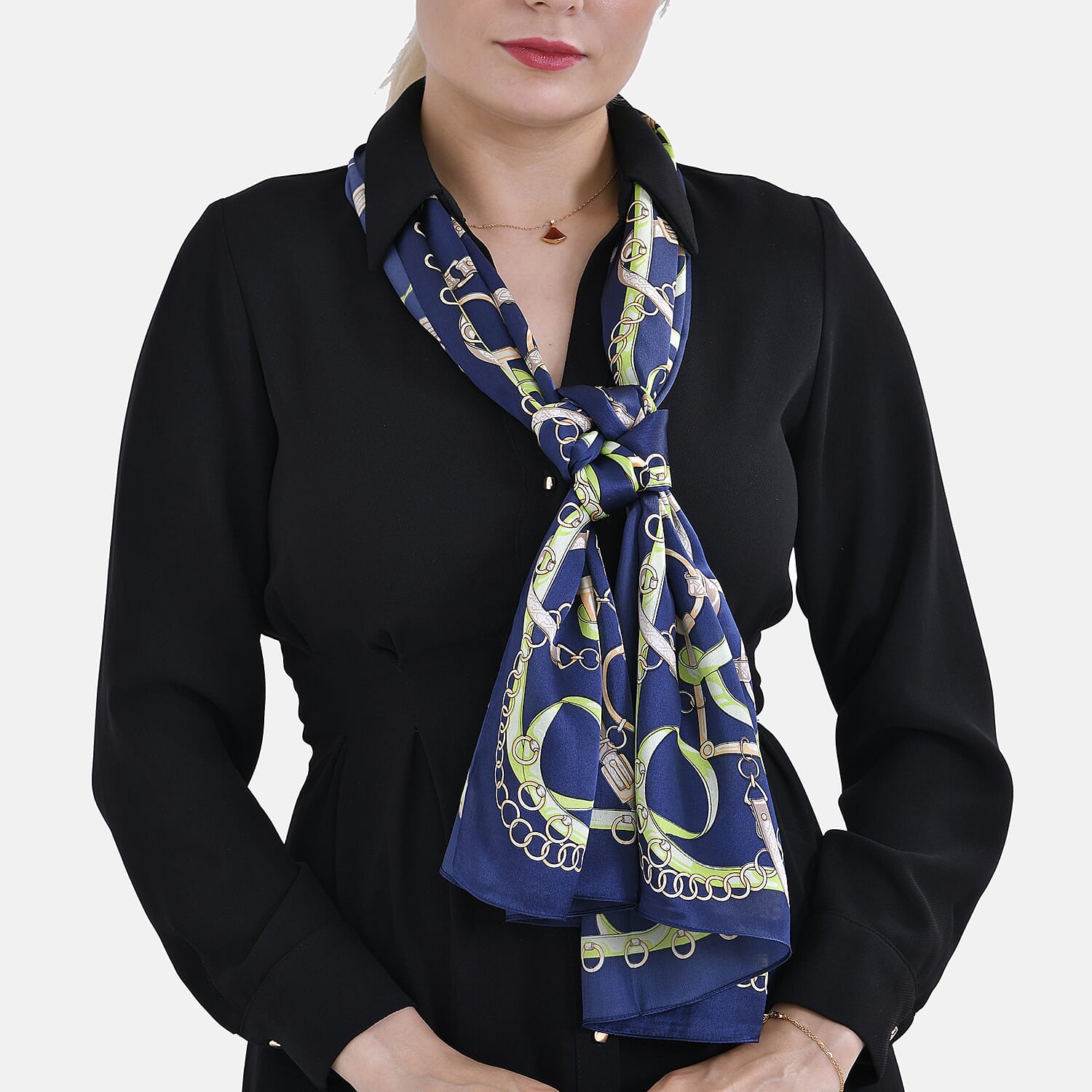 La Marey Mulberry Silk Printed Scarf (Size 175x1 cm) - Blue & Green