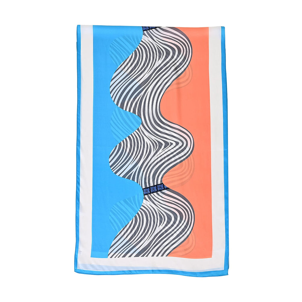 La Marey 100% Mulberry Silk Printed Scarf (Size 175x55 cm) - Blue & White