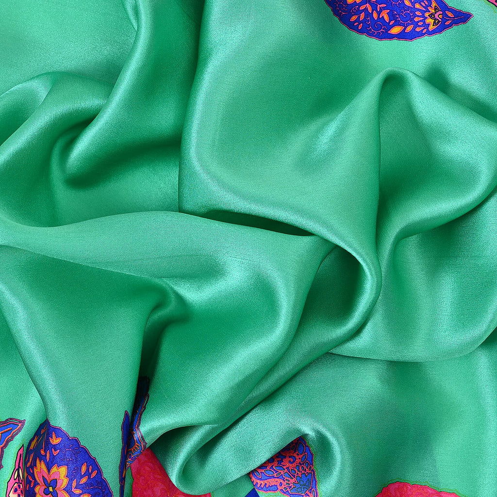 La Marey 100% Mulberry Silk Printed Scarf (Size 175x55 cm) - Green & Pink