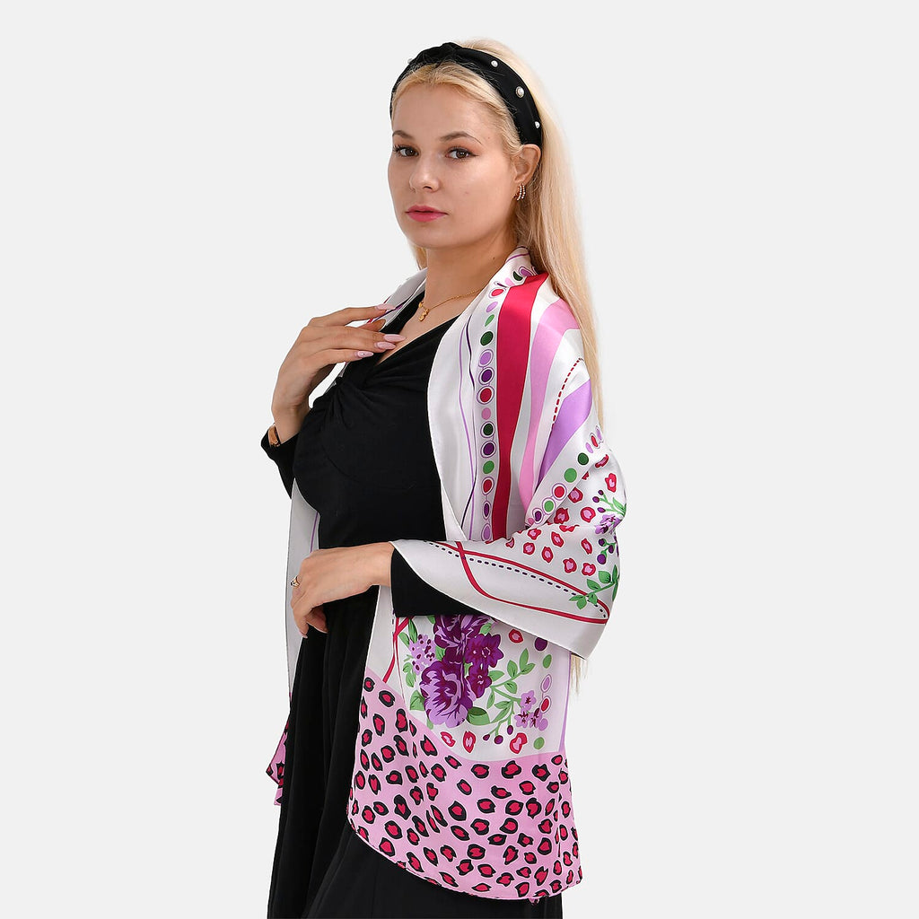 LA MAREY 100% Silk Floral Pattern Scarf (Size 178x53 cm) - Pink - White