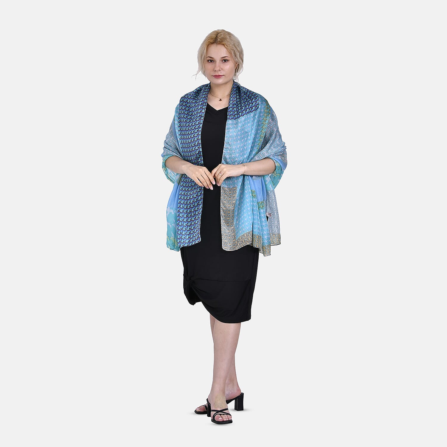 La Marey 100% Mulberry Silk Intricate Ethnic Printed Scarf (Size 180x110 cm) - Blue & White