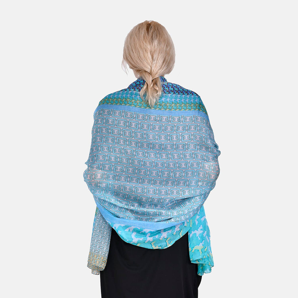 La Marey 100% Mulberry Silk Intricate Ethnic Printed Scarf (Size 180x110 cm) - Blue & White