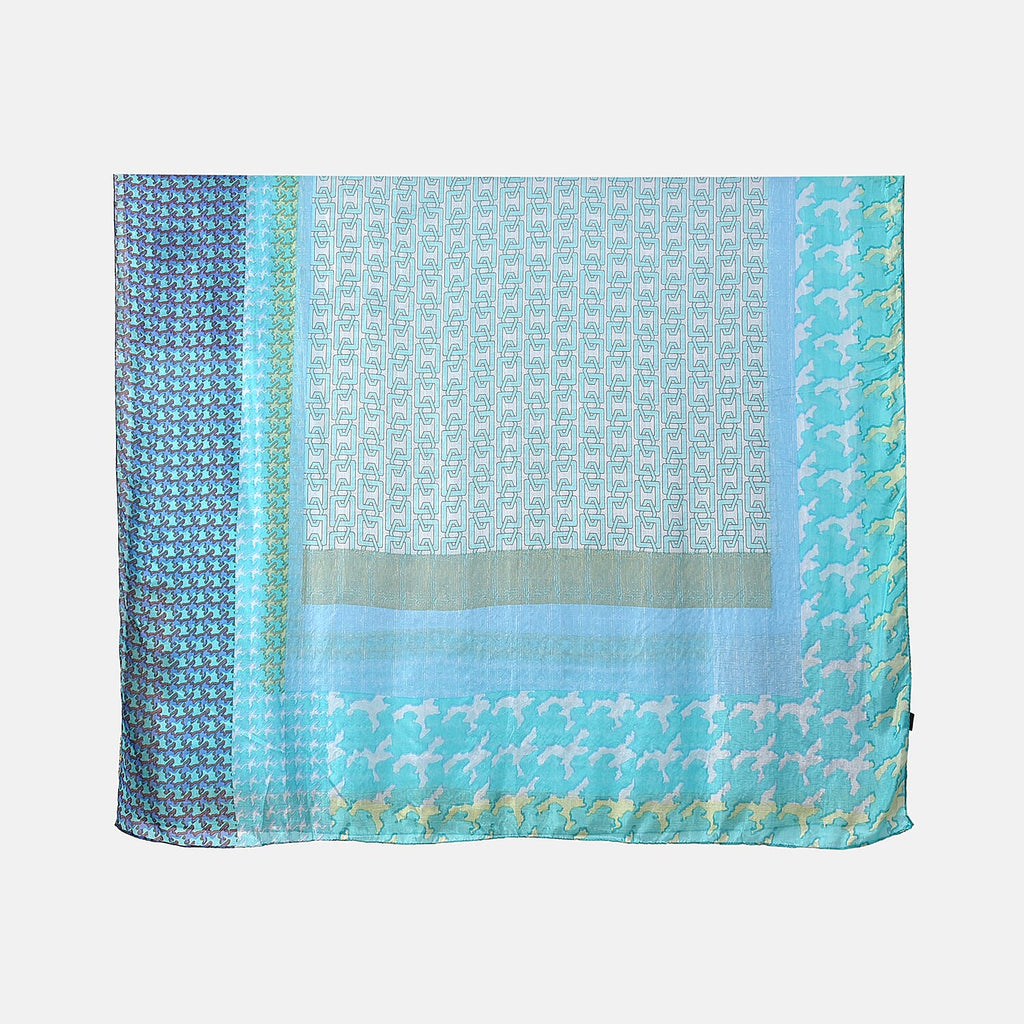 La Marey 100% Mulberry Silk Intricate Ethnic Printed Scarf (Size 180x110 cm) - Blue & White
