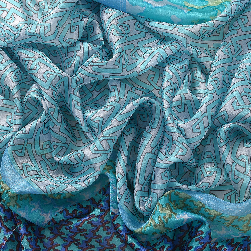 La Marey 100% Mulberry Silk Intricate Ethnic Printed Scarf (Size 180x110 cm) - Blue & White