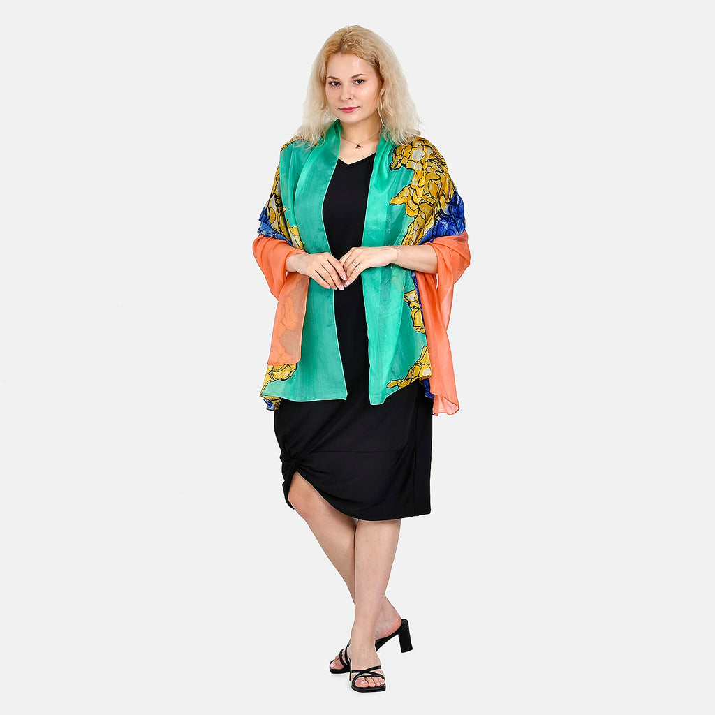LA MAREY Colourful Pattern 100% Mulberry Silk Scarf (Size 180x110cm) - Green & Blue