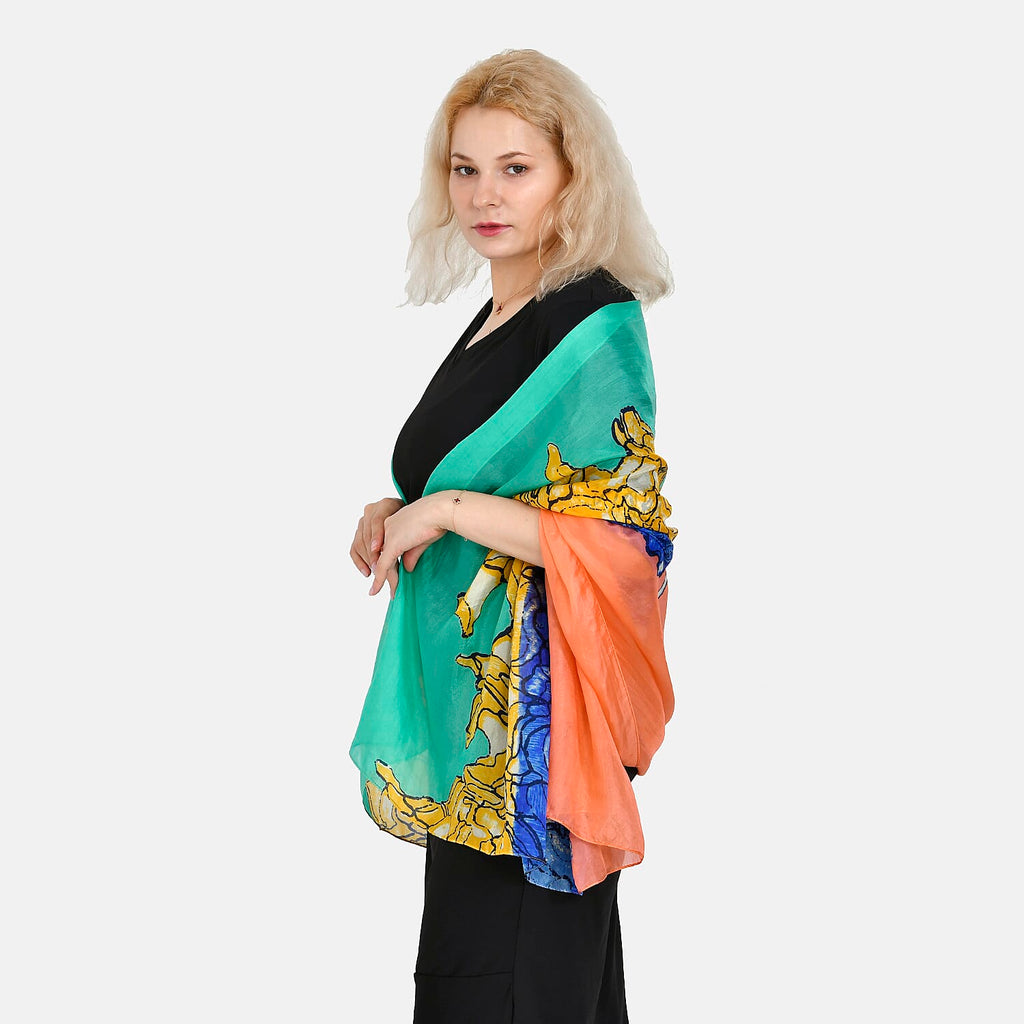 LA MAREY Colourful Pattern 100% Mulberry Silk Scarf (Size 180x110cm) - Green & Blue