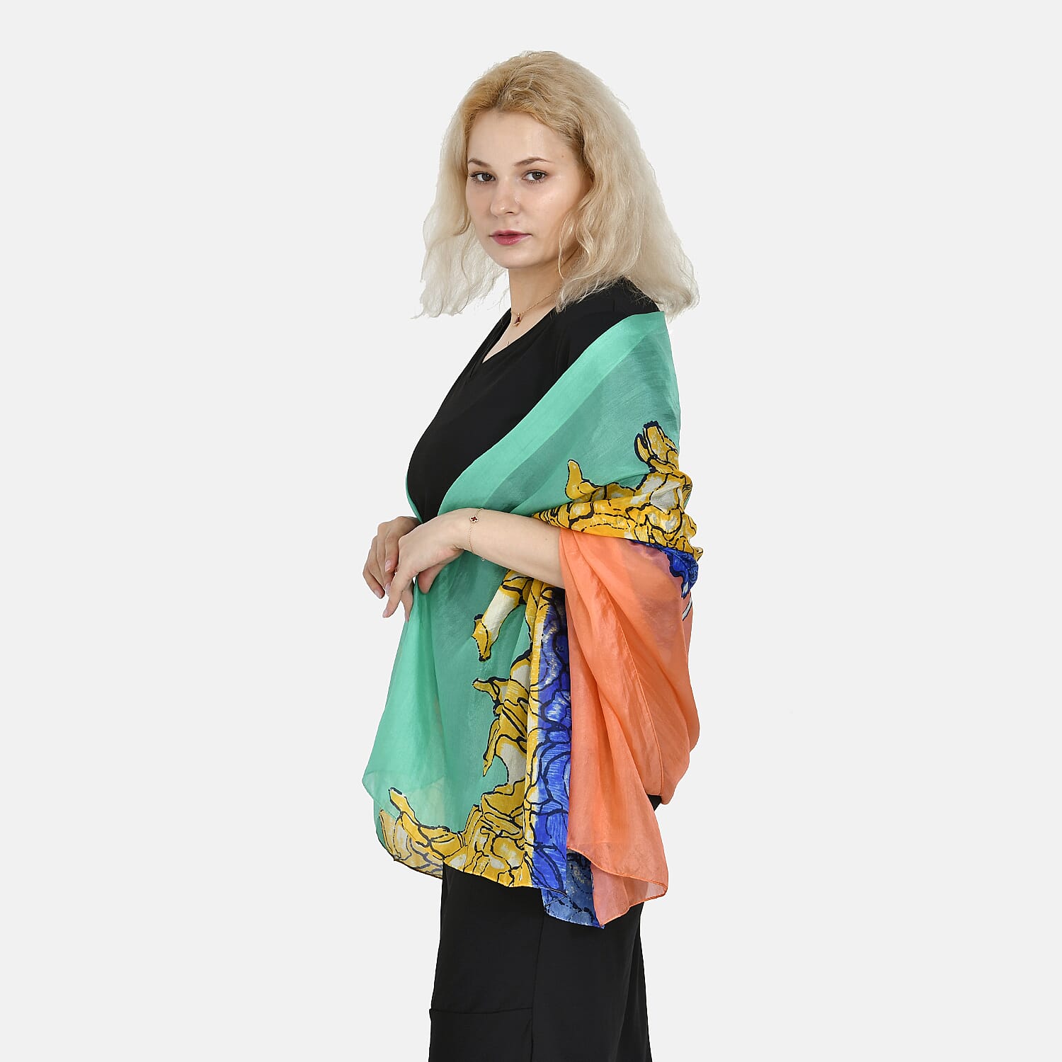 LA MAREY Colourful Pattern 100% Mulberry Silk Scarf (Size 180x110cm) - Green & Blue
