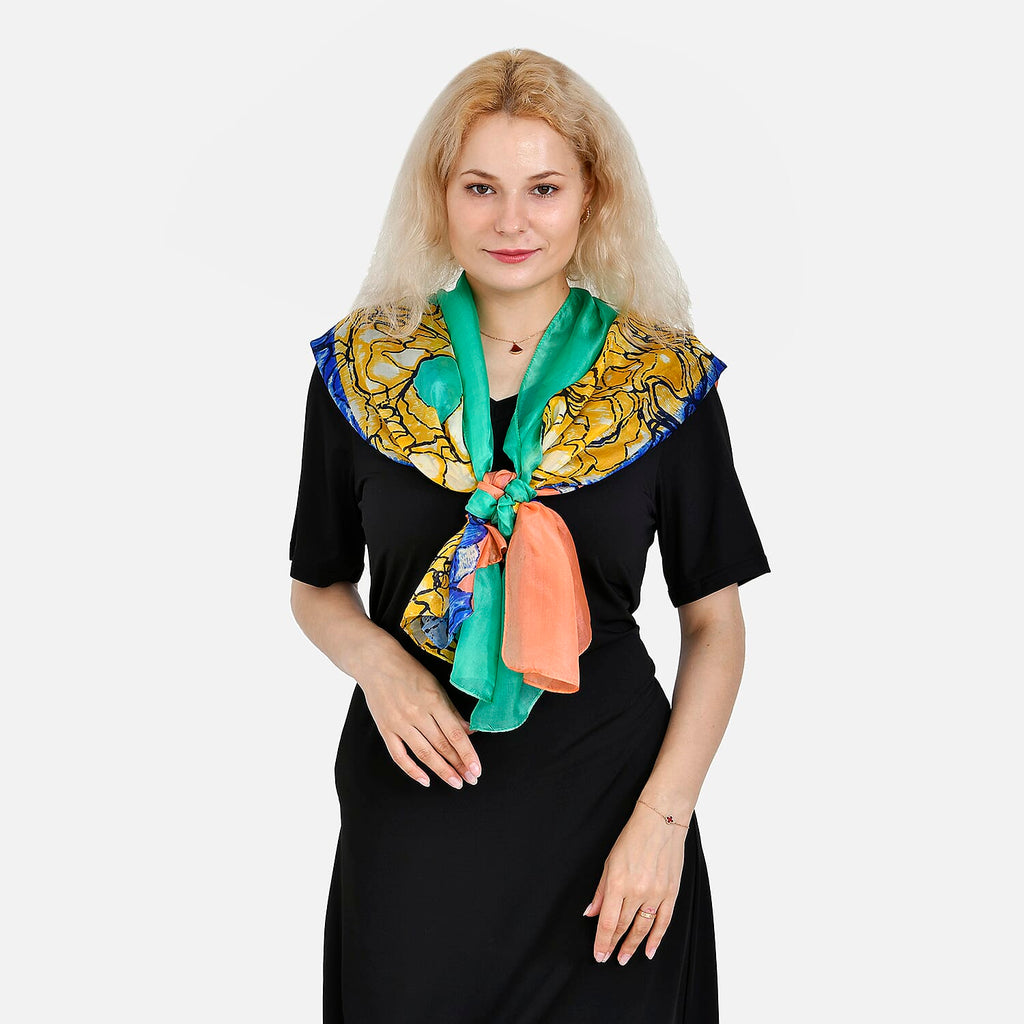 LA MAREY Colourful Pattern 100% Mulberry Silk Scarf (Size 180x110cm) - Green & Blue