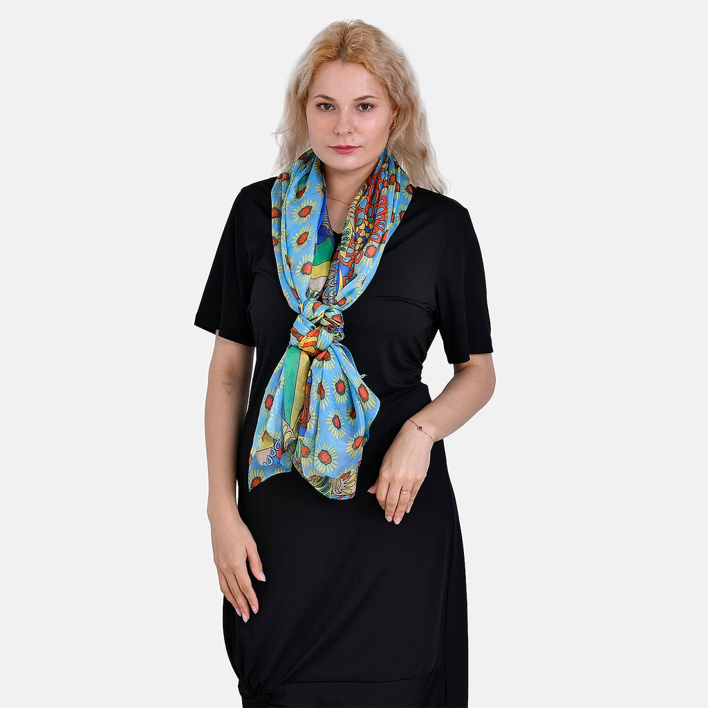 LA MAREY Daisy Pattern 100% Mulberry Silk Scarf (Size 180x110cm) - Green & Yellow