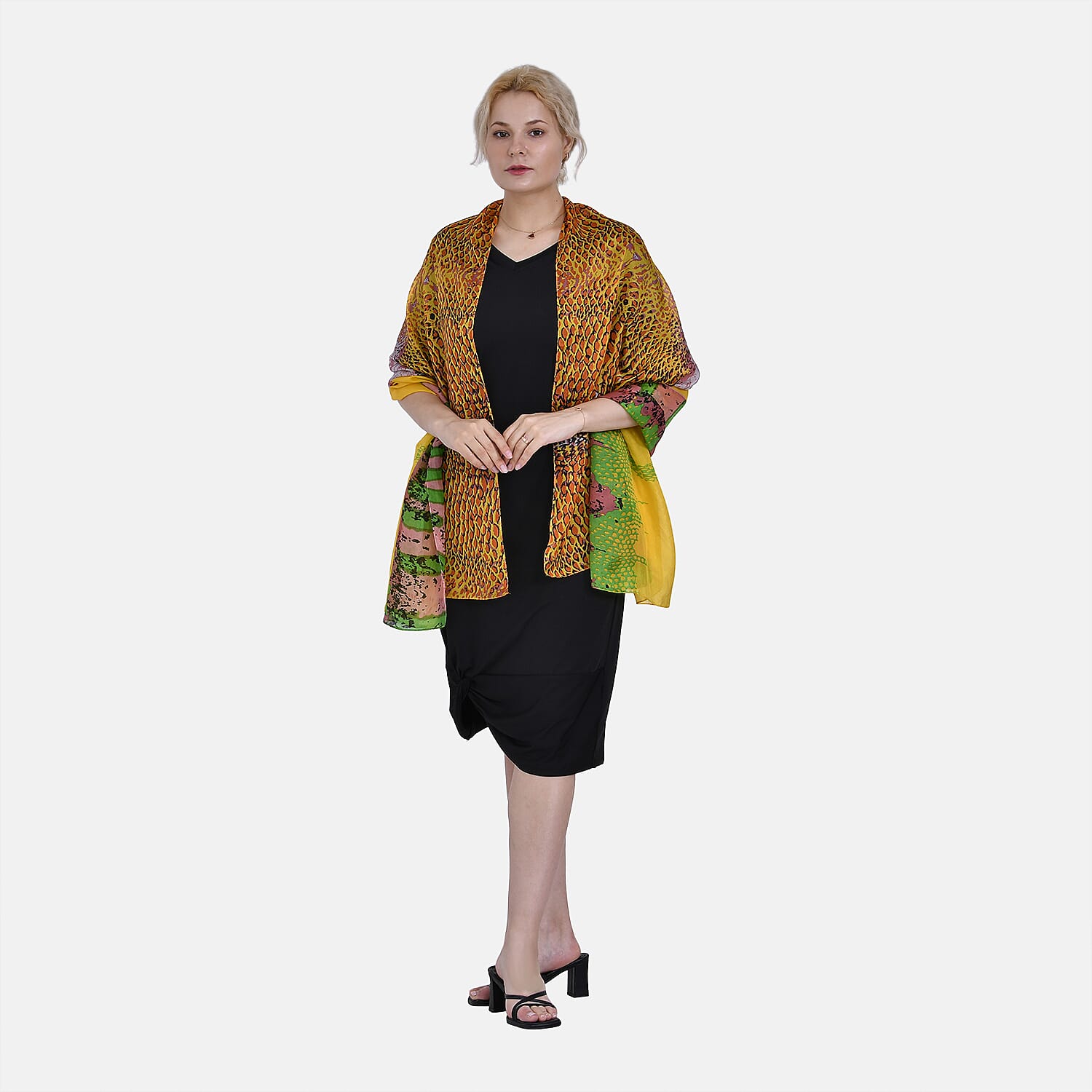 La Marey 100% Mulberry Silk Artistic Design Printed Scarf (Size 180x110 cm) - Yellow & Orange