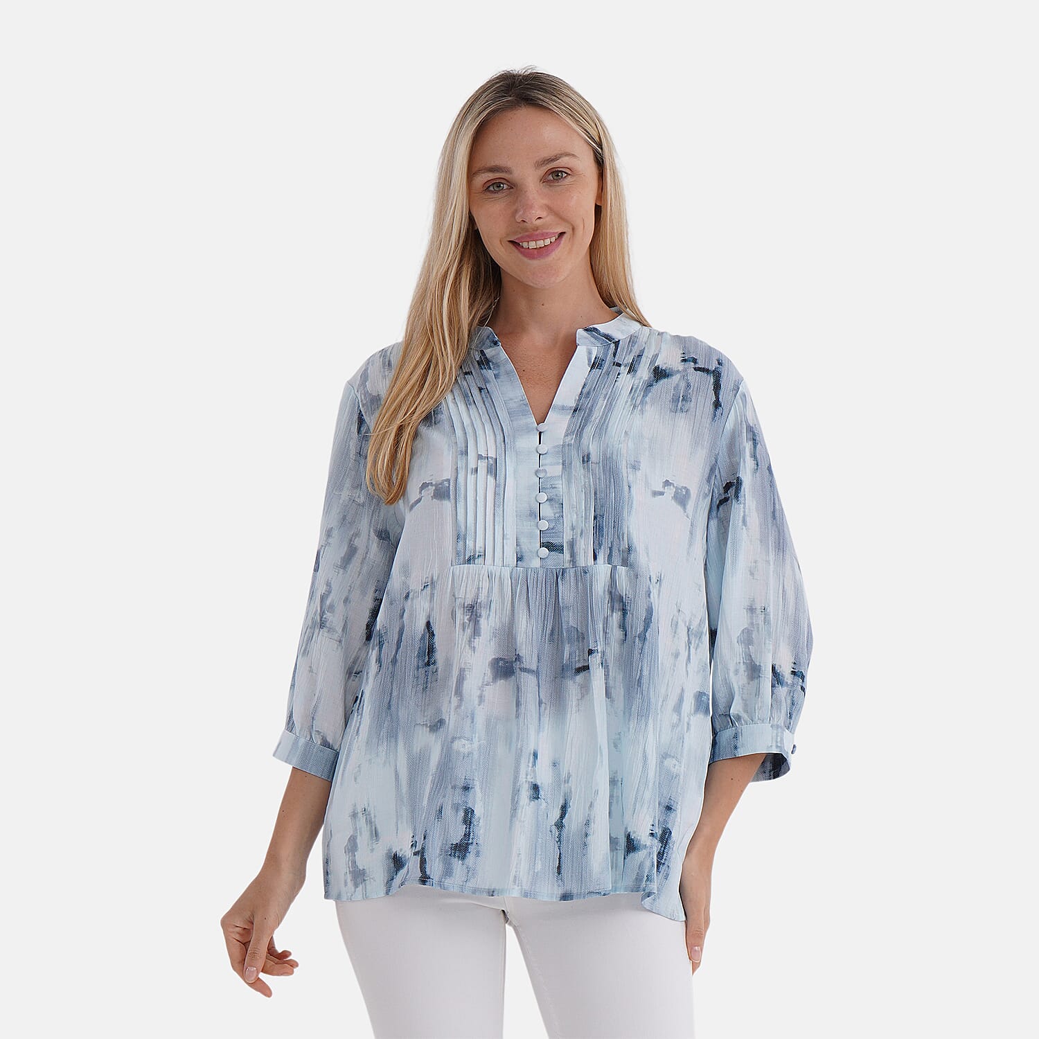 LA MAREY Womens Viscose Blend Abstract Print Button Blouse (Size M) - Blue