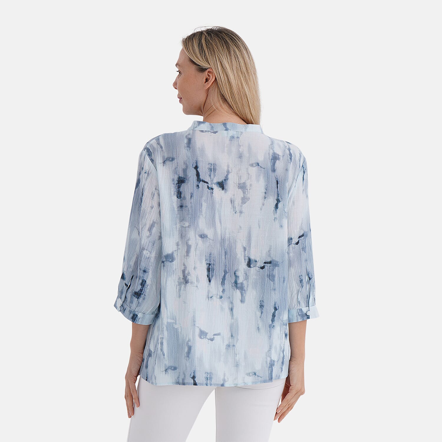 LA MAREY Womens Viscose Blend Abstract Print Button Blouse (Size M) - Blue