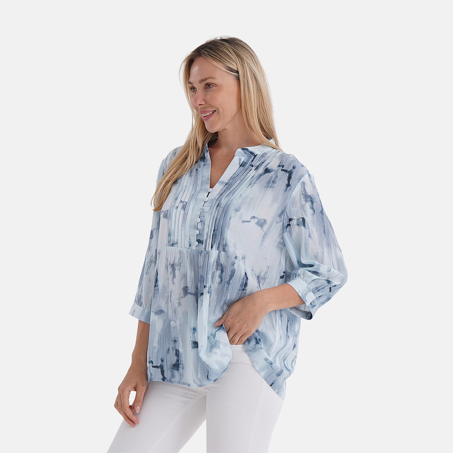 LA MAREY Womens Viscose Blend Abstract Print Button Blouse (Size M) - Blue
