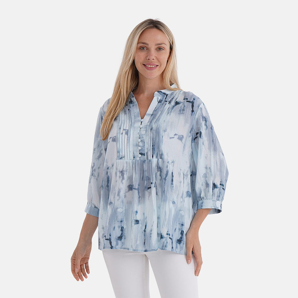LA MAREY Womens Viscose Blend Abstract Print Button Blouse (Size XL) - Blue