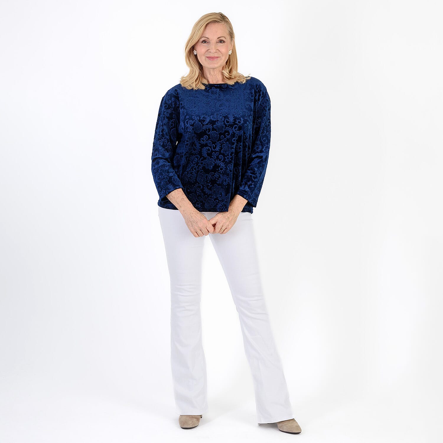 La Marey Paisley Emboss Velvet Blouse (Size M) - Navy