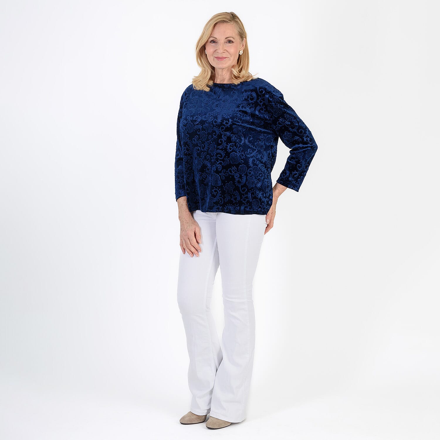 La Marey Paisley Emboss Velvet Blouse (Size M) - Navy