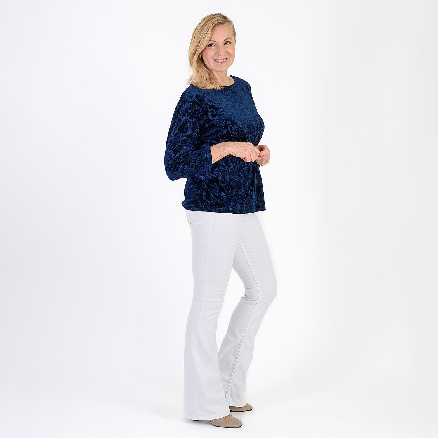 La Marey Paisley Emboss Velvet Blouse (Size M) - Navy