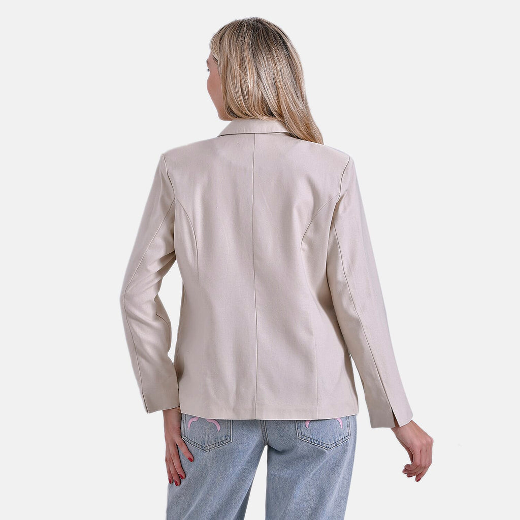 - Maisi Classic Linen Blend Long Sleeves Blazer with Notched Collar (Size M) - Beige