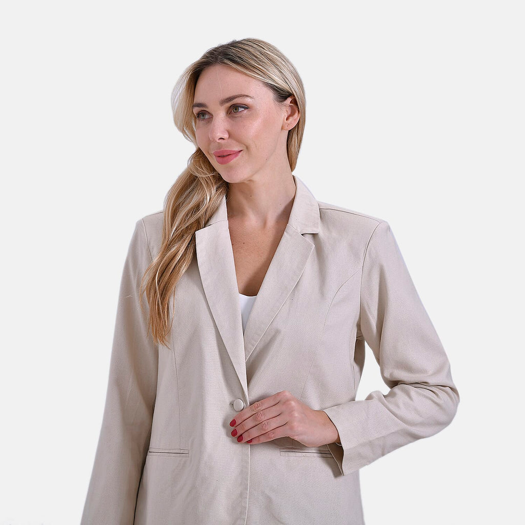 - Maisi Classic Linen Blend Long Sleeves Blazer with Notched Collar (Size M) - Beige