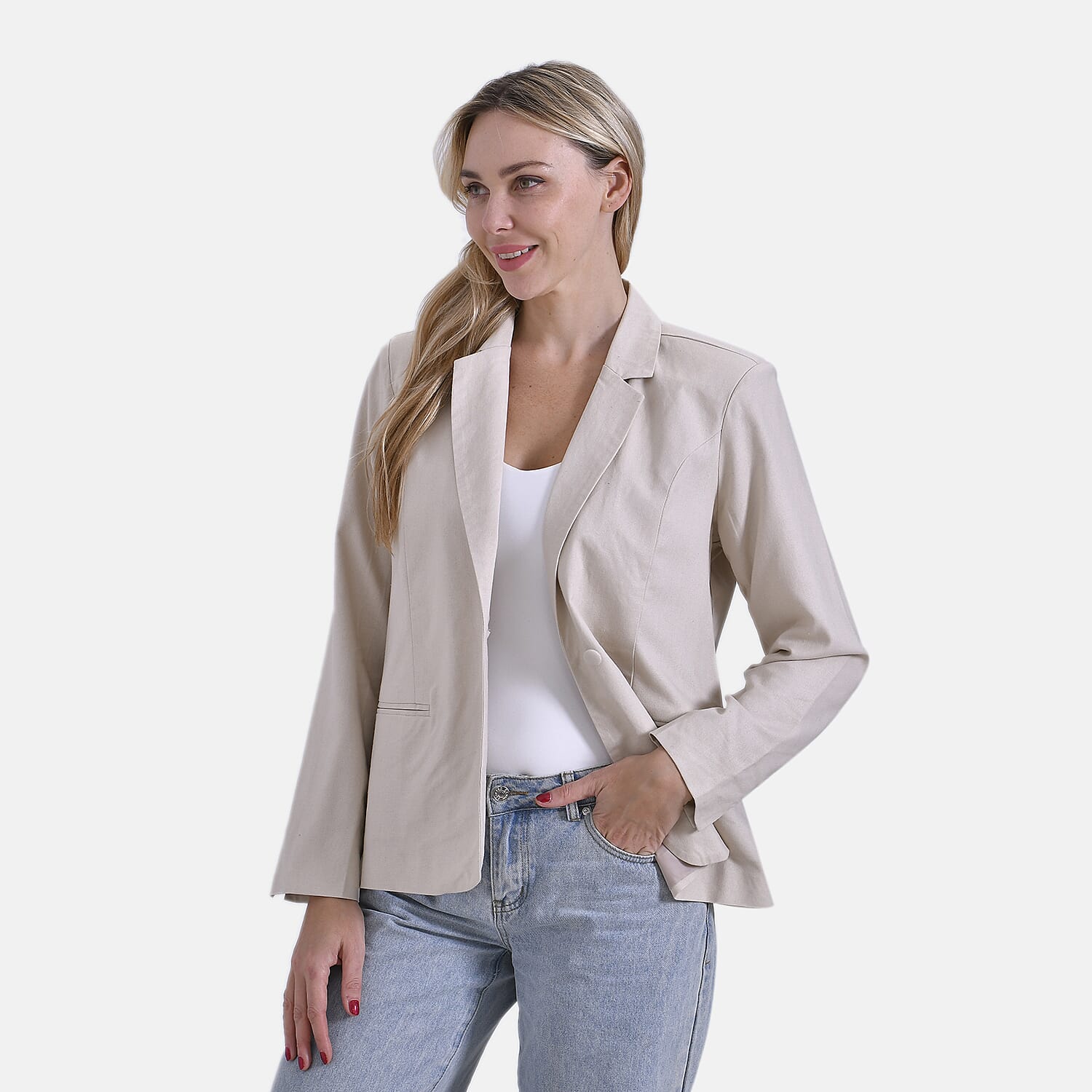 - Maisi Classic Linen Blend Long Sleeves Blazer with Notched Collar (Size XL) - Beige