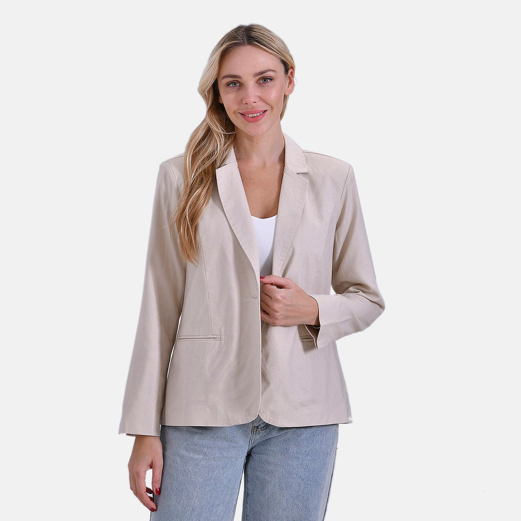 - Maisi Classic Linen Blend Long Sleeves Blazer with Notched Collar (Size XL) - Beige
