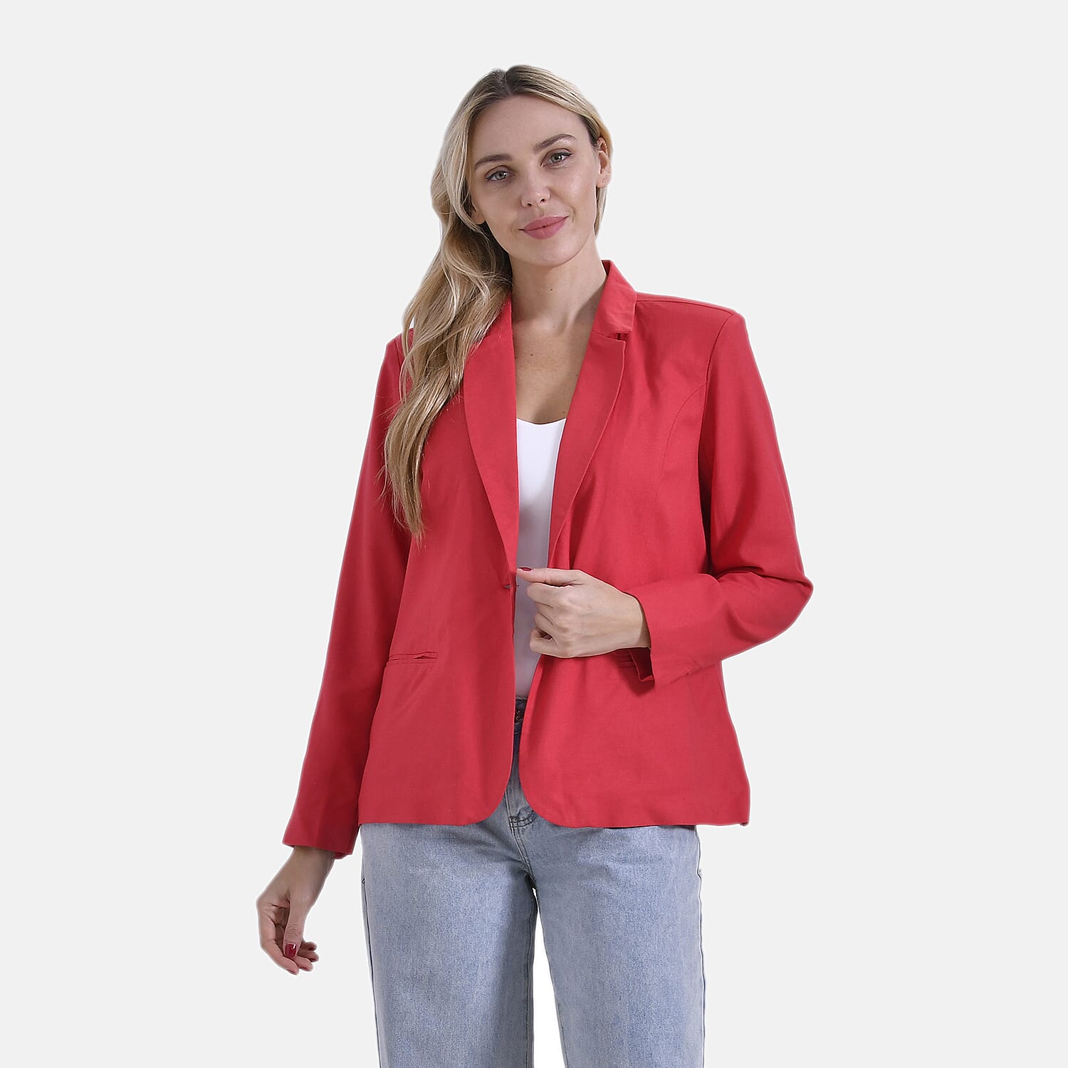 - Maisi Classic Linen Blend Long Sleeves Blazer with Notched Collar (Size M) - Orange