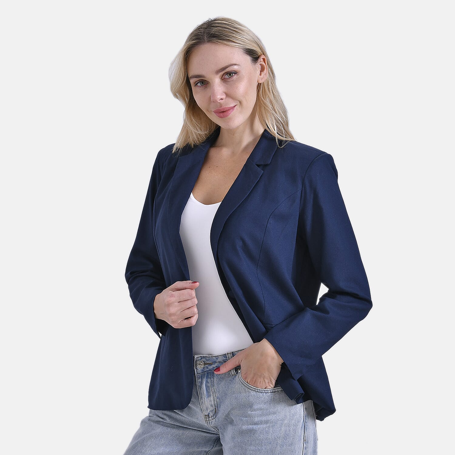 La Marey Classic Linen Blend Long Sleeves Blazer with Notched Collar (Size 16 to 18) - Navy