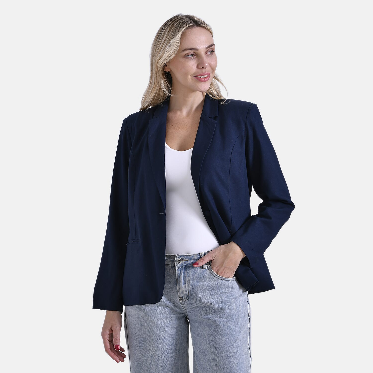La Marey Classic Linen Blend Long Sleeves Blazer with Notched Collar (Size 16 to 18) - Navy