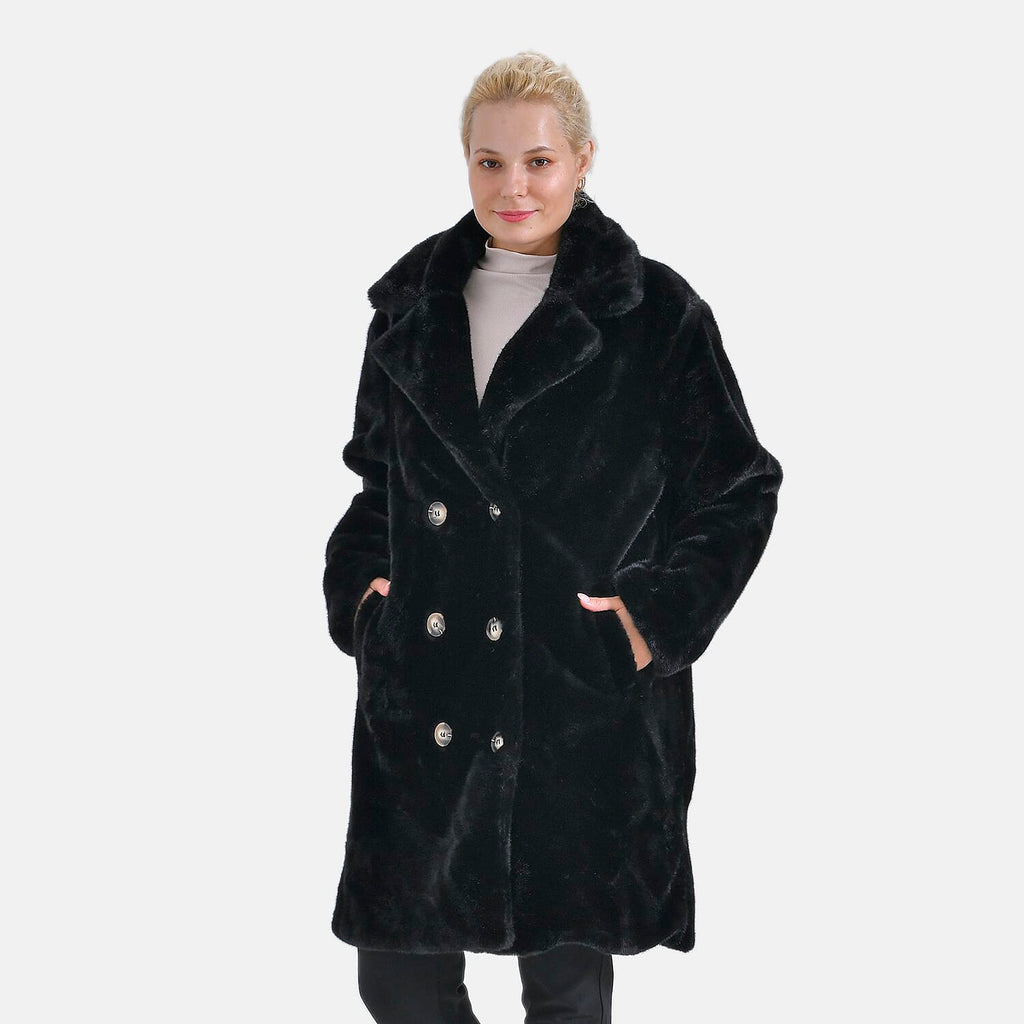 La Marey Plush Button-up Faux Fur Coat (S-M  8-14) - Black