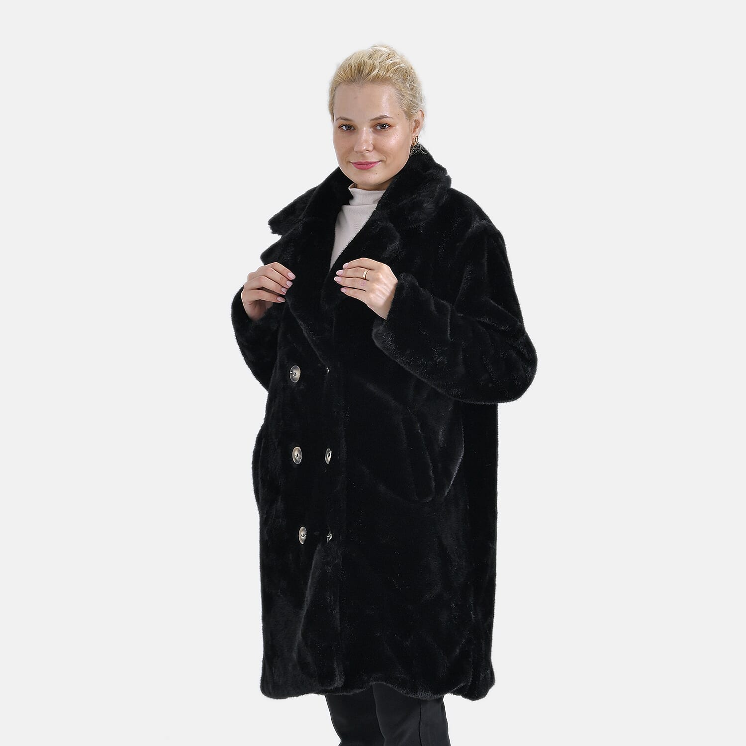 La Marey Plush Button-up Faux Fur Coat (S-M  8-14) - Black