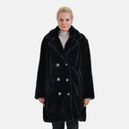 La Marey Plush Button-up Faux Fur Coat (S-M  8-14) - Black