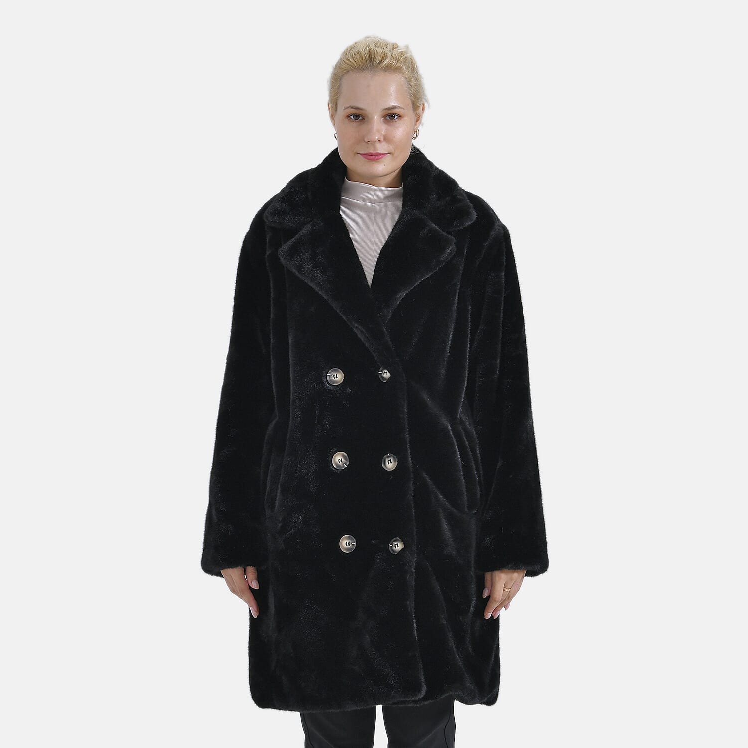 La Marey Plush Button-up Faux Fur Coat (S-M  8-14) - Black