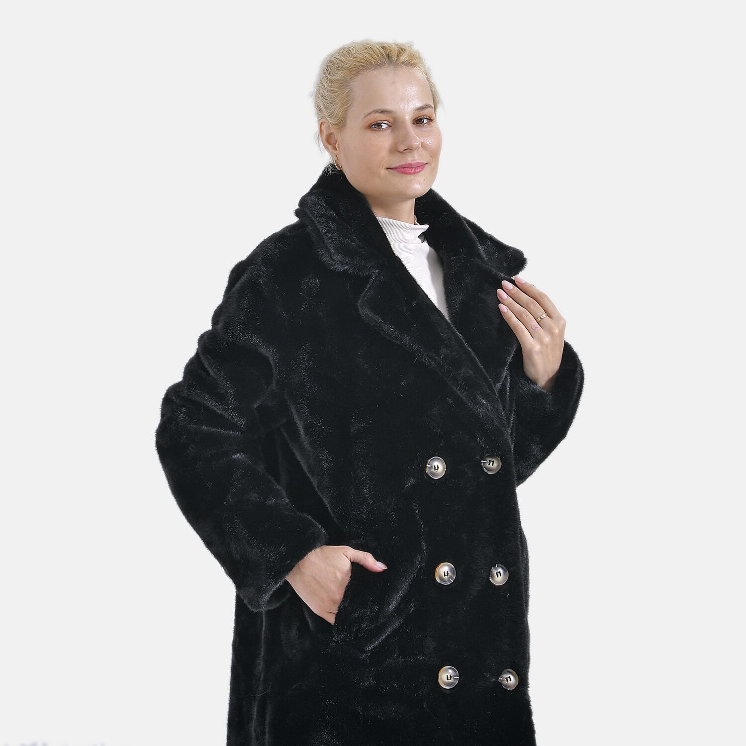 La Marey Plush Button-up Faux Fur Coat (S-M  8-14) - Black