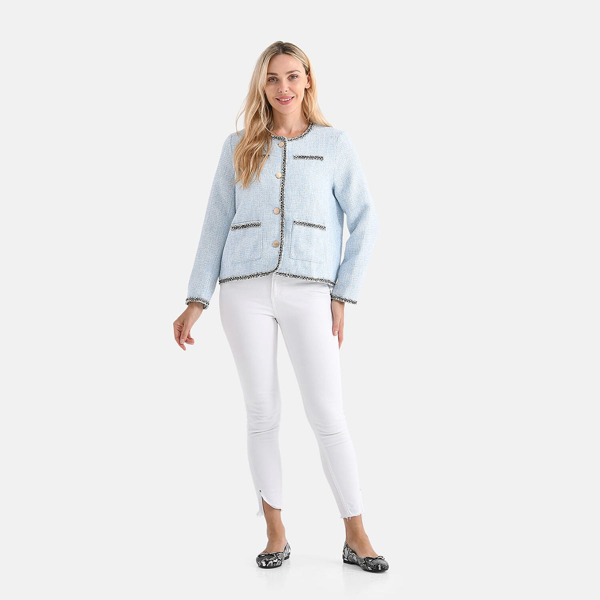 - Maisi Tweed Jacket with Contrast Trim (Size L) - Blue