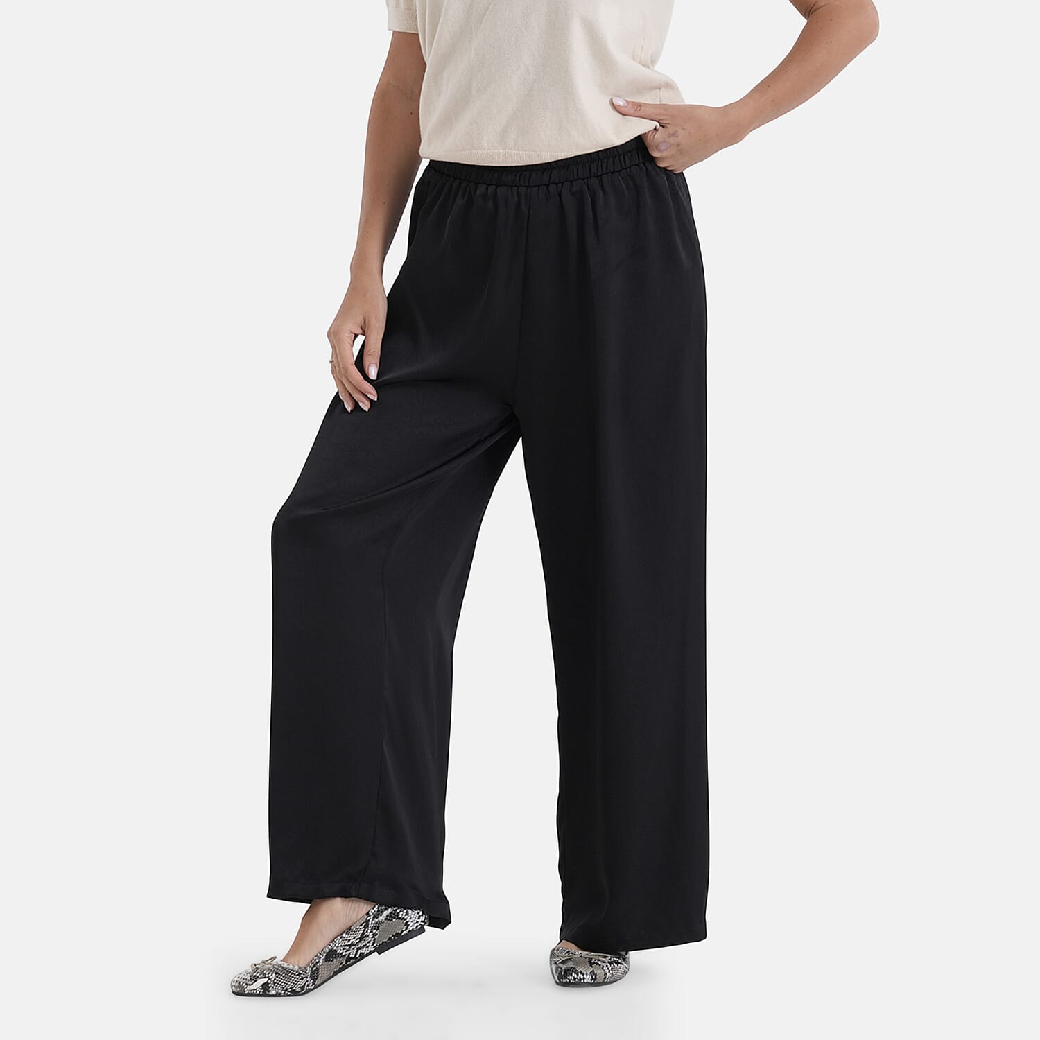 La Marey Silk Feeling Wide Leg Trousers (Size - L-XL) - Black