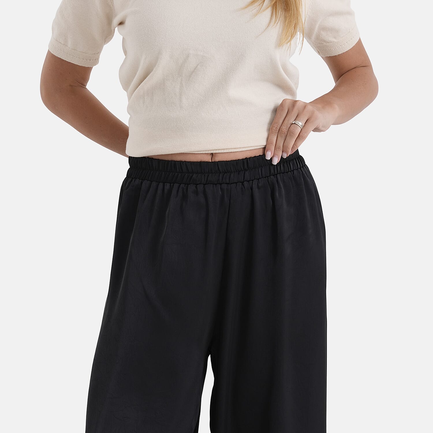 La Marey Silk Feeling Wide Leg Trousers (Size - L-XL) - Black